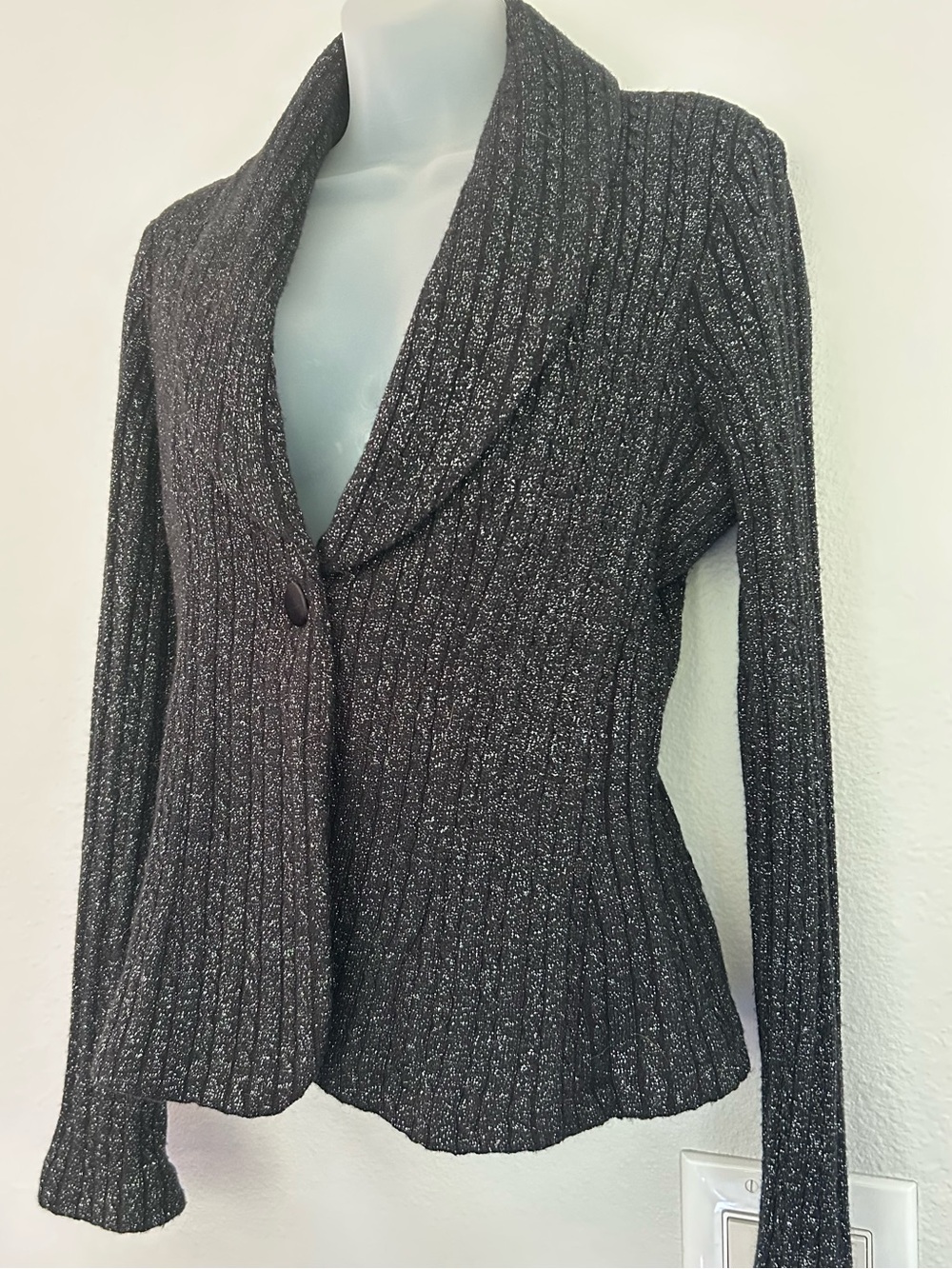WD-NY button front shawl collar black and silver wool blend cardigan 8